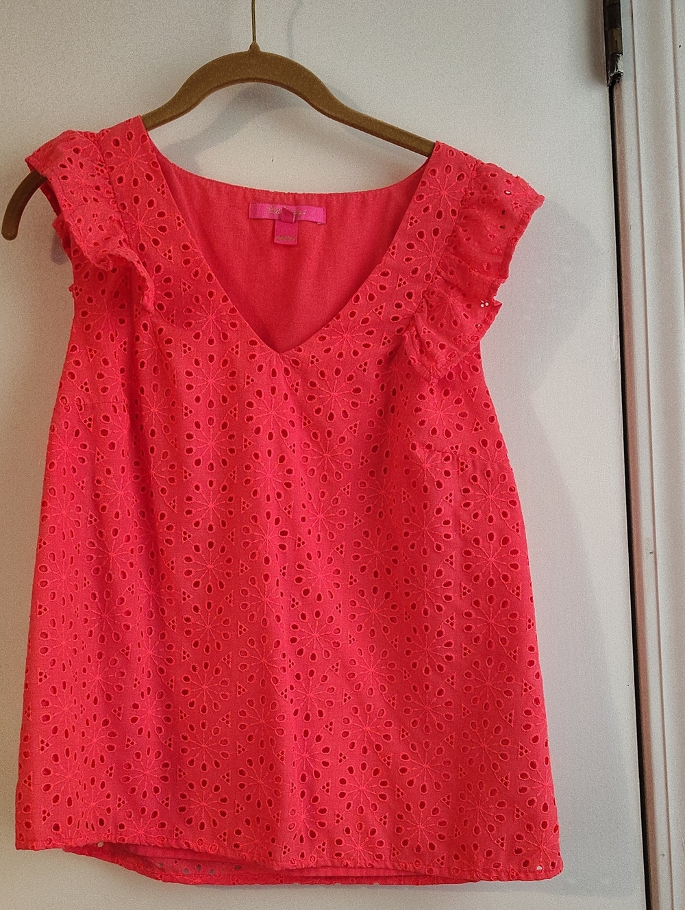 Lilly Pulitzer Coral Eyelet Ruffle Sleeve Top